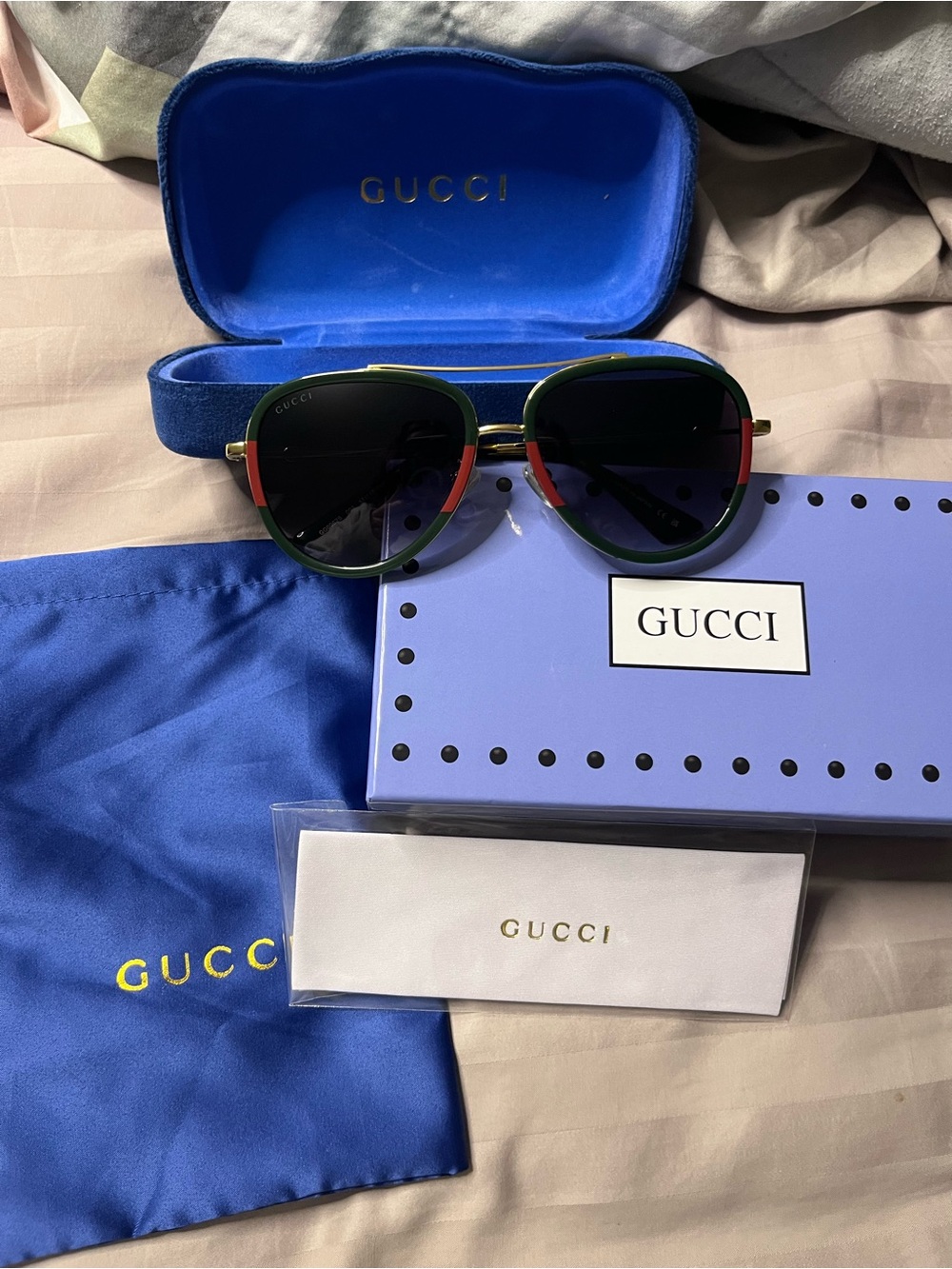 Gucci Round Metal Sunglasses with Green and Red Accents